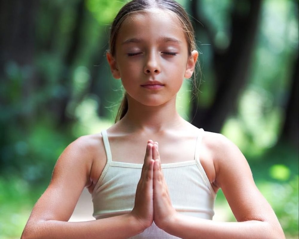 Kinderyoga: Mädchen meditiert entspannt im Wald mit geschlossenen Augen und Namaste-Händen